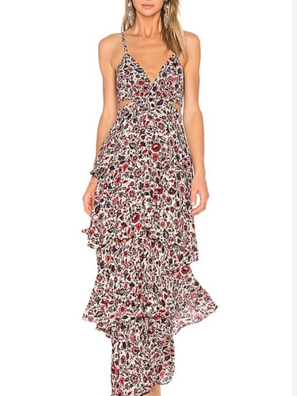 A.L.C. Red & Black Floral Cutout Tiered Maxi Dress